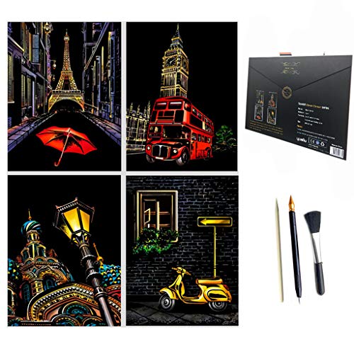 Eraimp Scratch & Sketch Art Paper A4 for Kids & Adults, Scratch Art Rainbow Painting Paper, Night View Scratchboard, Sketch Pads, Engraving Art Set: 4 Scratch Cards, Scratch Drawing Pen, Clean Brush