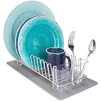 mDesign Compact Kitchen Countertop, Sink Dish Drying Rack and Silicone Drying Mat - Drain and Dry Wine Glasses, Bowls and Dishes - Set of 2, Wire Drainer in Satin with Gray Heat-Safe Mat