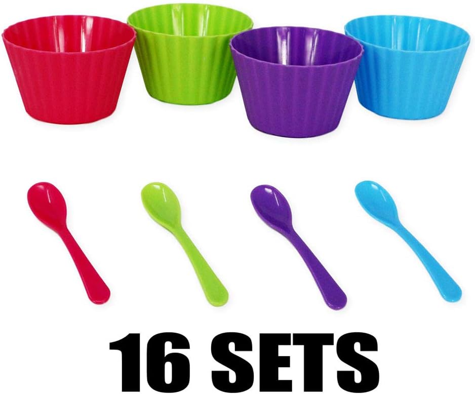 Bright Colored Ice Cream Bowls with Spoons - Dessert Banana Split Cereal- Party Supply Bundle - 16 Sets