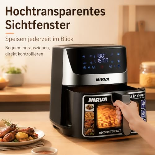 Nirva Hot Air Fryer 8.5 L, Oil-Free, 1700 W Large Airfryer, Roasting, Baking, Air Fry, Non-Stick Coating, Dishwasher Safe Basket, Viewing Window, Black/Stainless Steel, For Individuals or Families