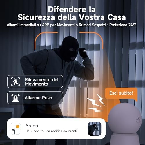 Telecamera Wi-Fi Interno 2K 3MP, PTZ 355° Telecamera Sorveglianza Interno, Telecamera Cani con Visione Notturna, Rilevamento di Umano/Movimento, Audio Bidirezionale, Compatibile con Alexa