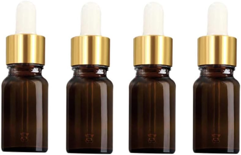 4Pcs 10ml 0.35oz Empty Refillable Small Amber Glass Perfumes Essential Oils Dropper Bottle Cosmetic Container Jar Vial with Glass Eye Droppers and Golden Cap for DIY Aromatherapy and Traveling