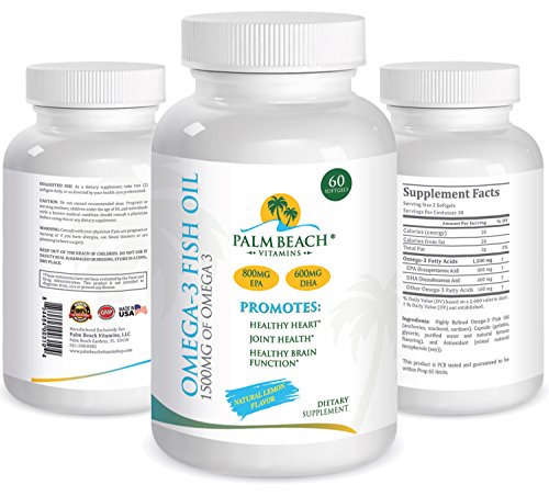 1500mg Omega-3 Fish Oil w/ 800mg EPA & 600mg DHA -Promotes Healthy Heart, Joint & Brain function- Natural Lemon Flavor to Avoid Fish Burps -60 softgels 1500mg Omega-3 Fish Oil w/ 800mg EPA & 600mg DHA -Promotes Healthy Heart, Joint & Brain function- Natural Lemon Flavor to Avoid Fish Burps -60 softgels