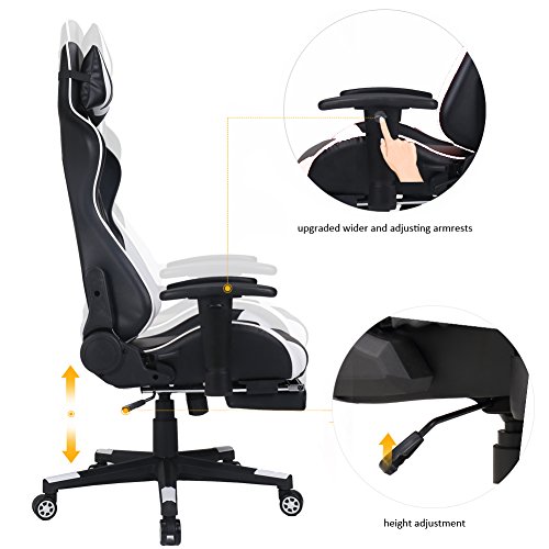 Zenith High Back PU Leather Swivel Gaming Chair with Adjustable Armrest Lumbar Support Headrest Footrest Racing Office Chair (white plus)