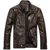PASOK Men's Faux Leather Jacket Vintage Stand Collar Motorcycle PU Leather Outwear Coat