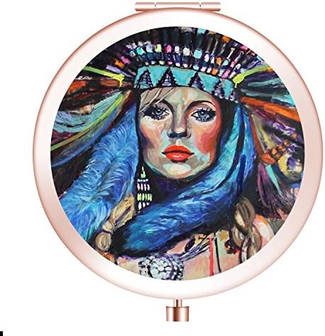 Rounded Compact Mirror, Customized Round Foldable Metal Makeup Mirror, 1x&amp;2x Magnification Mini Mirror for Travel Purse Gift - Rose Gold Bohemian