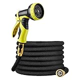 Powerextra 50ft Garden Hose, Expandable Water Hose, with Double Latex Core,9-Way Spray Nozzle,3/4”Brass Fittings with Shut Off Valve,and Storage Bag, Best Water Hose for Pet and Car,Yard,Garden