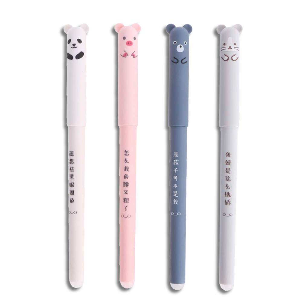 4/8pcs Erasable Rollerball Pens Friction Pens with Cartoon Design Cute Pigs Panda Pattern, Erasable Gel Pen Easy to Rub for Kids Students Adults (4pcs/Black Ink)