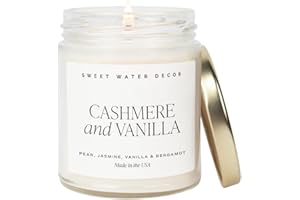 Sweet Water Decor Cashmere and Vanilla Soy Candle - Jasmine, Soft Cashmere, Sandalwood, Vanilla Scented Spring Candle for Home - 9oz Clear Jar with Lid, 40+ Hour Burn Time, Made in The USA
