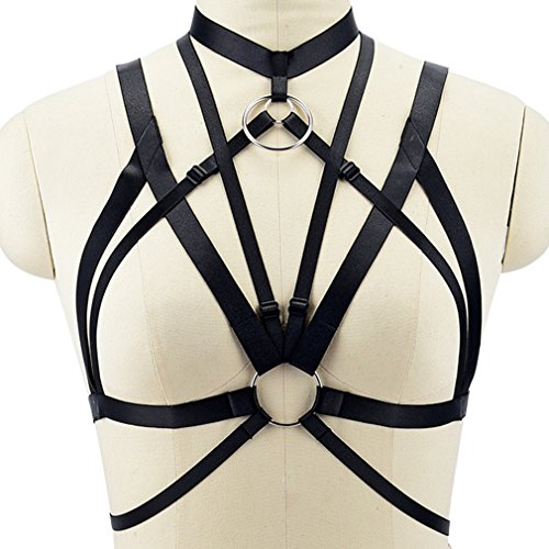 Women Body Harness Bra Waist Belt Strappy Crop Tops Goth Punk Pentagram Festival Rave Bralette (Black O0491)