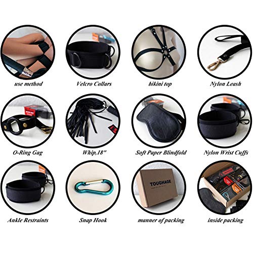 10 Piece Leather Bondage Restraints Set Kit for Bed and Under Bed Sex Play SM Bondage Toy Gear Leg Ankle Wrist Gags Cuffs Collar Rope Strap On Harness for Women Couples Lesbian Female