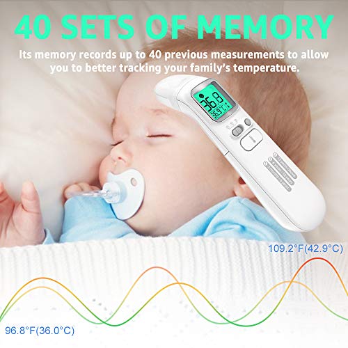 【2019 New Version】Forehead Thermometer for Fever with Ear Function - Instant Accurate Reading with Fever Alarm, 40 Sets of Memory, Forehead Thermometer for Kids and Adult, Pouch and Batteries Included