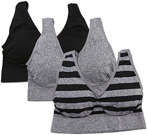Luxee Women's 3 Pack Everyday Seamless Comfort Bras with Removable Pads (S/M, Black/Space Dye/Black Stripe)
