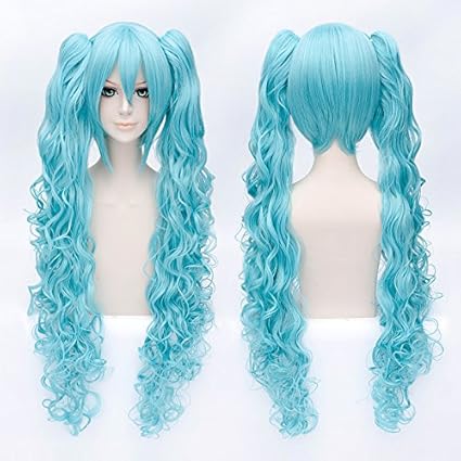 HOOLAZA Blau Grün Lange, lockige wellenförmige Pony mit 2 Pferdeschwanz Perücke Vocaloid Hatsune Miku Cosplay Perücke(EINWEG)