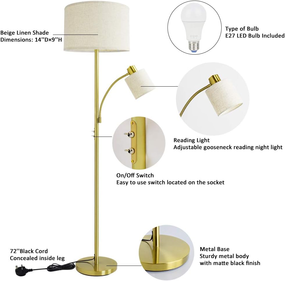 Depuley 2 Head Parent and Child Floor Reading Lamp, 3000k Gold Iron Standard Lamp Light - Image 4