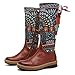 Socofy Leather Knee Boots, Women's Bohemian Splicing Pattern Flat Knee High Boots