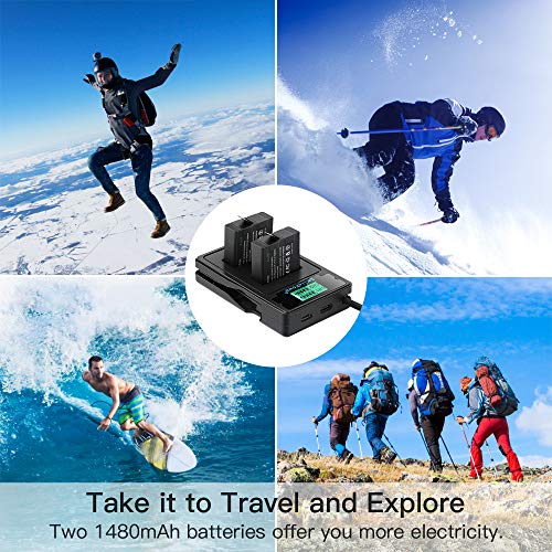 SmilePowo 1480Mah Replacement Battery(2 Pack) and LCD Display USB Charger for GoPro Hero 7 Black, Hero 6 Black,Hero 5 Black,Hero 2018,AHDBT-501,Gopro Accessories(Fully Compatible with Original)