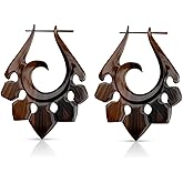 Pair of Organic Hand Carved Sono Wood Tribal Ornament Stirrup Hanger Earrings