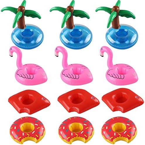 Vanmor 12 Pack Inflatable Coasters Drink Holder Pool Floating Lip Donut Palm Tree Flamingo Cup Tray Set for Party