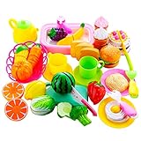 Biulotter 57 Pcs Play Food Set, Durable Pretend Food Playset Kitchen Cooking Set Plastic Foods Vegetable Toy Set for Kids Toddlers Play Kitchen Playset Accessories Gift Toy for Educational Learning