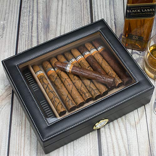 Cigar Humidor, Handmade Cedar Cigar Storage case Covered with Black Leather Holds 20-25 Cigars (Black)
