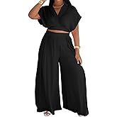 XYZDRESSOR Women's Casual Linen 2 Piece Outfits Wrap V Neck Crop Top and Wide Leg Pants Sets Vacation Summer Club Outfits