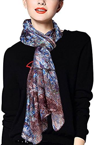 EcoWonder Women's Functional Long 100% Premium Silk Scarf Pale Brown Floral Printing