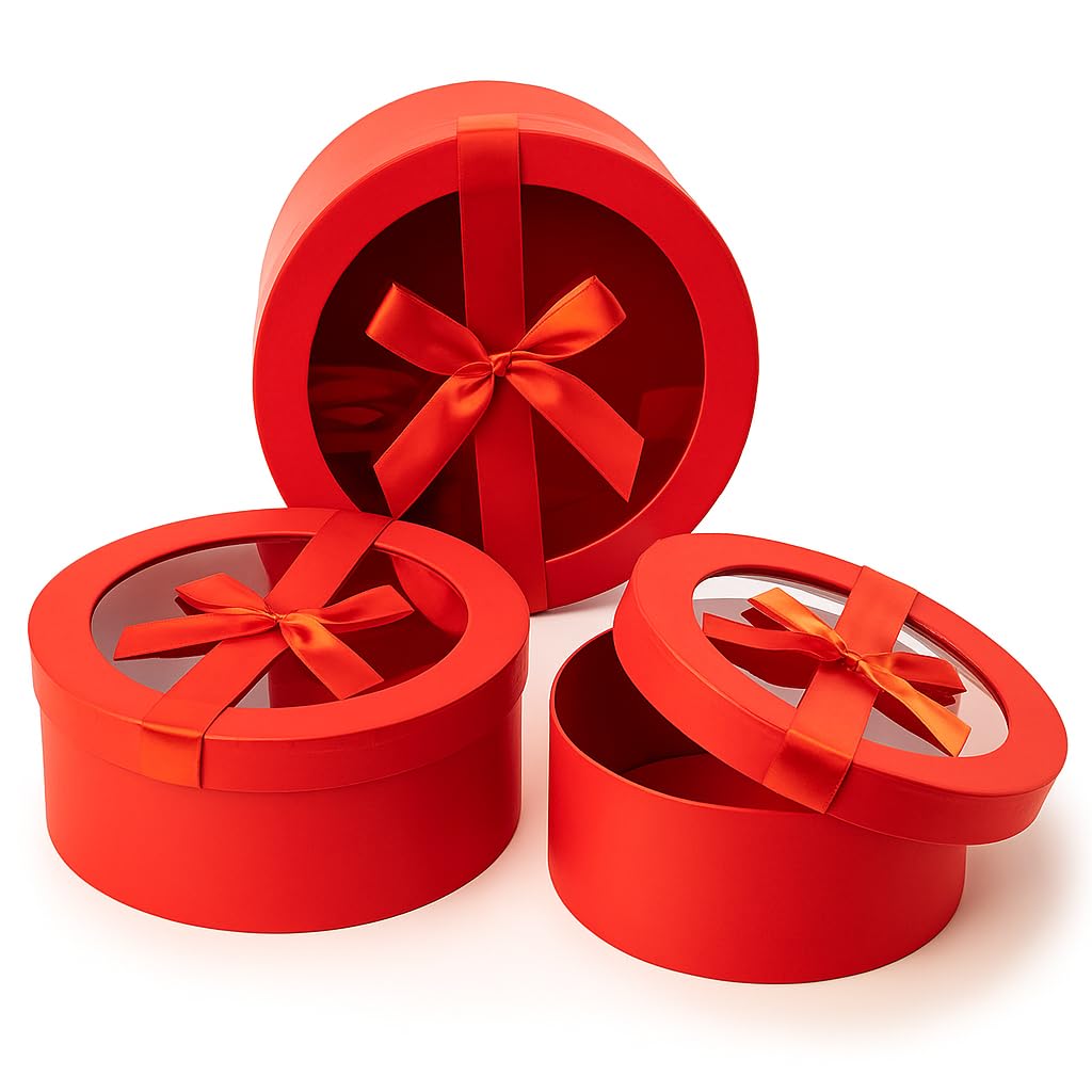 Home Garden Ornaments Gift Boxes for Presents with Transparent Lid and Ribbon Bow – 3pc Decorative Cardboard Gift Boxes for Flowers and Sweets – Red