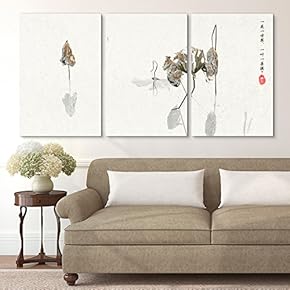 3 Panel Canvas Wall Art - Minimalism Style Chinese Painting of The Dried Lotus - Giclee Print Gallery Wrap Modern Home Art Ready to Hang - 16"x24" x 3 Panels
