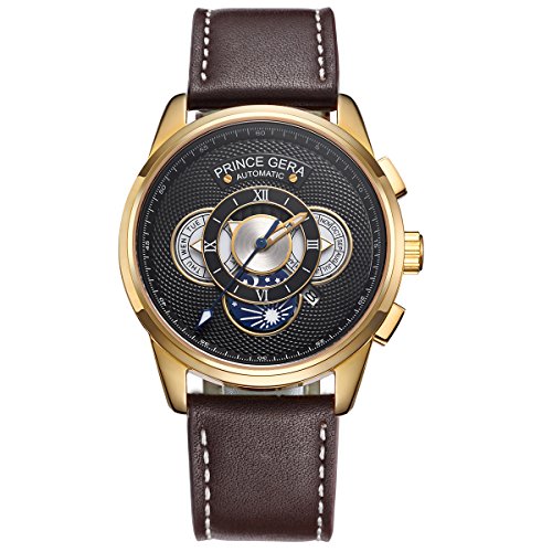 PRINCE GERA Men's 18K Gold Watch Date Day Month Calendar Calfskin Genuine Leather Wristwatches(Gold Case/Black Dial) PRINCE GERA Men's 18K Gold Watch Date Day Month Calendar Calfskin Genuine Leather Wristwatches(Gold Case/Black Dial)