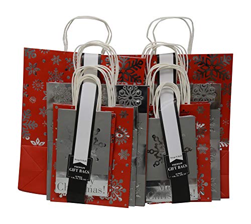 Christmas Gift Bags in 4 Assorted sizes Small Medium Large and X-Large Kraft Paper With Metallic Hot Stamp in Assorted Colors Red, and Silver, for Holiday Gift Giving and Party Favors (Set of 20 Bags)