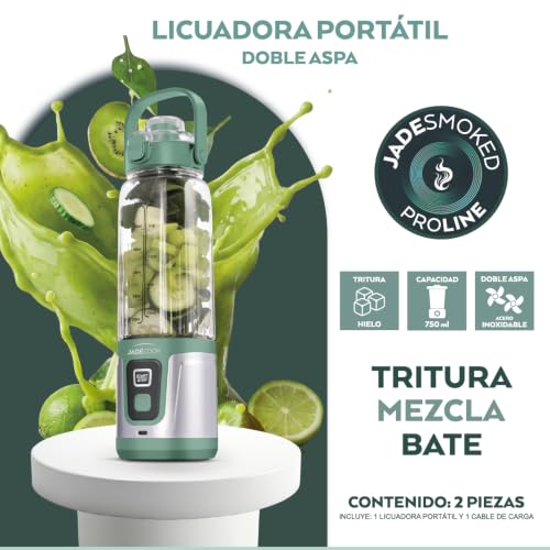 JadeCook Licuadora Portátil Recargable Jade Electro con Vaso de 750 ml, Doble Aspa, para Smoothies y Jugos, Tritura Hielo, Mezcla y Bate, Color Verde