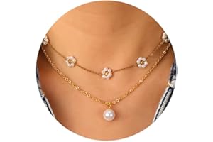 MOIEGOUCT Gold Pearl Necklaces for Women Dainty Layered Pearl Chain Necklace Trendy Pearl Beaded Pendant Necklace Womens Jewelry