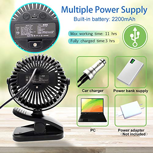 USB Fan, Portable Clip Stroller Fan with Lights, Mini Desk Fan 2200mAh Rechargeable Battery Powered, Cooling Fan with Hanging Hook, 3 Speed 360 Rotation for Baby Pram, Bedside Crib, Office, Camping