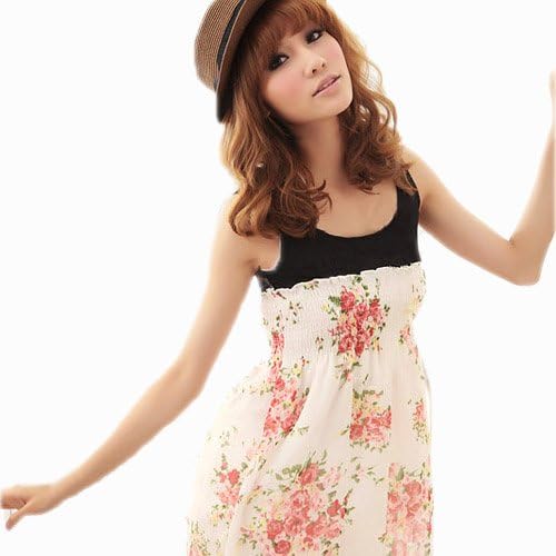 Amazon 透け感レースタンクトップ重ね着風花柄シフォンチュニック丈ワンピース ホワイト ワンピース チュニック 通販