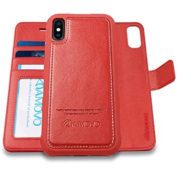 AMOVO [Upgraded] Case for iPhone Xs Max [2 in 1] iPhone Xs Max Wallet Case Detachable [Wireless Charging] [Vegan Leather] iPhone Xs Max Flip Case with Gift Box Package (XSMAX (6.5'') Red)