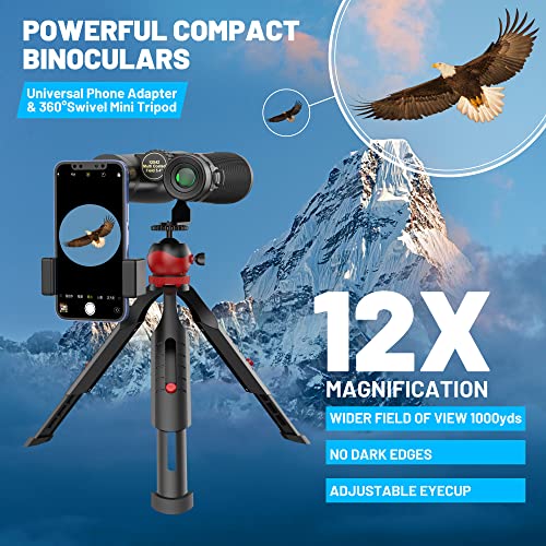 Powerful Adult Binoculars, Kylietech 12x42 Compact Binoculars with Tripod, Waterproof Binoculars with BAK-4 Prisms, FMC Lens, Phone Adapter for Photography, Stargazing