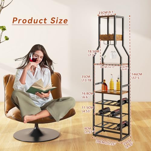 IBUYKE Wine Rack Floor,Bar Industrial Wine Bar,Brown TMJ916H | Wine Rack with Cup Holder Wine Rack for Living Room Kitchen Dining Room