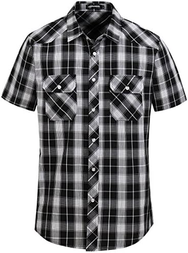 Hopioneer Men’s Casual Flap Pockets Regular Fit Shirt 100% Cotton Short Sleeve Plaid Button up Shirt (Black, XX-Large)