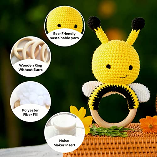 Bunny Wooden Baby Rattle, Crochet Bee Rattle Toy, Handmade Bee Stuffed