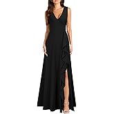 MUSHARE Women's V Neck Sexy Split Cocktail Dress with Pockets Ruffle Party Long Formal Dress