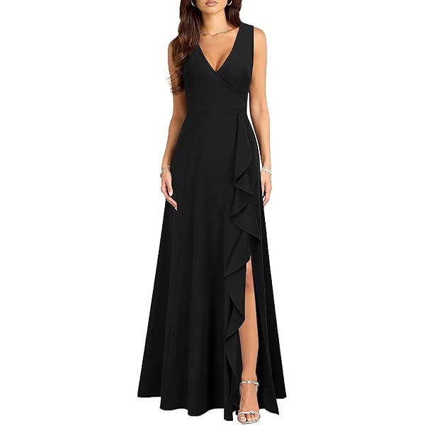 knee length dresses for ladies WOOSEA Women Sleeveless V Neck Split Evening Cocktail Long Dress Red  Mega  Mart Center