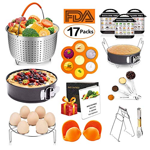 17 Pcs Instant Pot Accessories Set Compatible with 6 8 Qt, Pressure Cooker Accessories with Steamer Basket, Cake Pan, Rack, Egg Bites Mold, Spoon, Magnets, Bowl Clip, Tongs, Gloves, Ebook (orange)