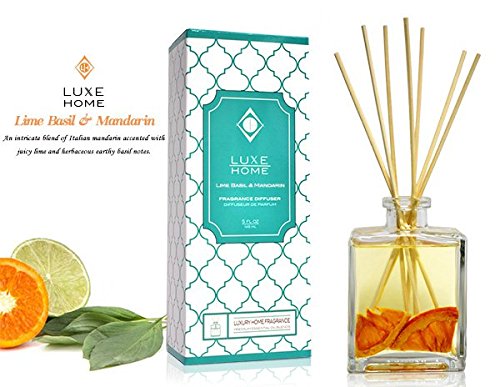 Luxe Home Lime Basil & Mandarin Fragrance Reed Diffuser with Bamboo Reed Sticks | Italian Mandarin, Juicy Lime & Herbaceous Basil | Great Bathroom Scent Gift Idea for The Home!