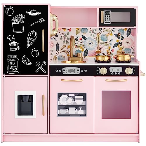 Best Choice Products Pretend Play Kitchen Wooden Toy Set for Kids  w/Realistic Design, Telephone, Utensils, Oven, Microwave, Sink Pink  Floral in Oman