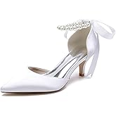 JOEupin Women's Pearl Wedding Shoes for Bride Comfort Kitten Heel Pumps for Bride Prom Evening Party Dress Shoes