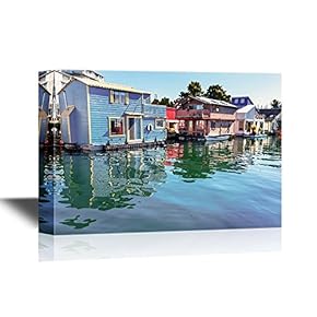 Watercolor Style Floating Home Village Blue Red Brown Houseboats Fisherman