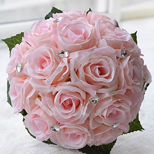 Abbie Home Bride Bouquets - Wedding Flower Bouquet Handmade Rose Rhinestone Pearl Bridal Artificial Silk Flower with Different Design (Pink)