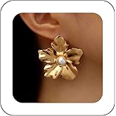 Andelaisi Boho Large Flower Earrings Vintage Flower Pearl Earrings Gold Pearl Flower Stud Earrings Punk Exaggerate Earrings Jewelry for Women