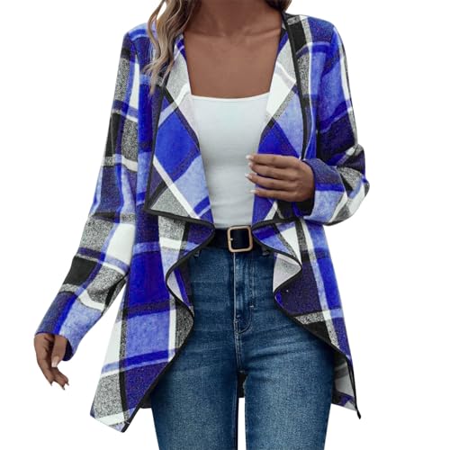 DUHGBNE Long line Cardigans for Women UK Plus Size Long Thin Cardigans for Women UK Knitted Sleeve Jacket Fashion Flannel Shacket Open Front Sweater Autumn Winter Casual Womens Striped Blue